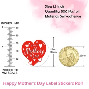 Detailed size comparison of 1.5 inch red heart Happy Mother's Day stickers with a coin