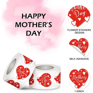 Detail of heart-shaped 1.5-inch Mother's Day stickers with crown and red background