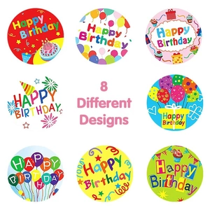 Set of 8 round self-adhesive Happy Birthday stickers with colorful cake and balloon designs
