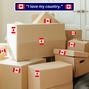 Square Canadian flag stickers with red maple leaf on cardboard boxes for moving
