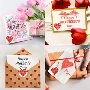 Detail showing heart Mother's Day stickers applied on gift boxes, cards and envelopes