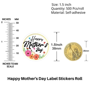 Detailed size comparison of 1.5 inch Happy Mother's Day floral stickers with a coin