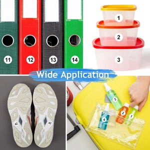 Round 10mm numbered stickers showing use on folders, spice jars and bottles