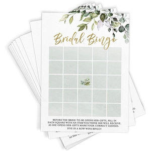 Détails des cartes de jeu Bridal Bingo avec motifs d'eucalyptus et lettrage doré