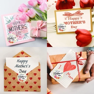 Detail of Happy Mother's Day stickers and gift cards used on tulip bouquets and envelopes