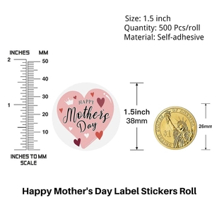 Size comparison of 1.5 inch pink Mother's Day stickers against a one dollar coin