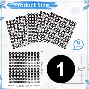 Detailed size chart for 10mm numbered stickers with 1-100 sequence on 50 sheets