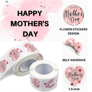 Detail of 1.5 inch pink Happy Mother's Day round stickers with crown and heart motifs