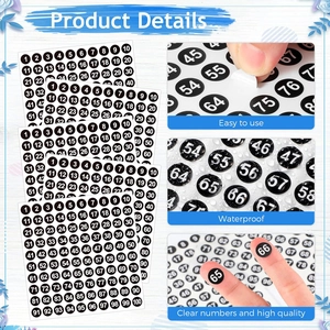 Detail of 1-100 round number stickers showing waterproof material and easy-peel use