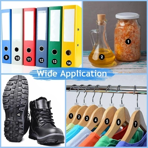 Collage of black numbered labels showing 1-100 round stickers in various office and home uses