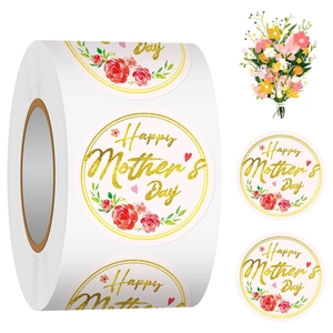 Detail of Happy Mother's Day round roll stickers with gold lettering and red roses