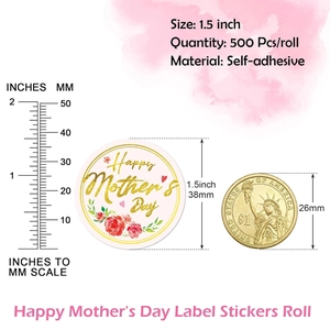 Detailed size comparison of Happy Mother's Day floral stickers with a coin and ruler