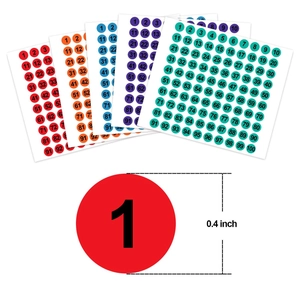 Set of 2500 colorful 10mm round numbered stickers 1-100 in five assorted bright colors