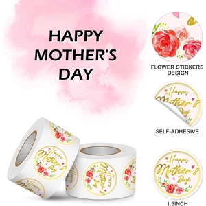 Macro shot of 1.5-inch Happy Mother's Day floral stickers with red roses and gold glitter font