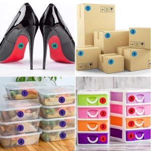 Numbered 1-100 round adhesive labels shown on shoes, boxes, and storage bins