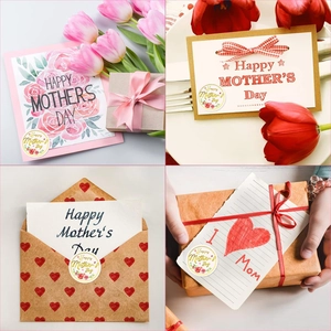 Detail of round Happy Mother's Day stickers used on gift boxes, cards and envelopes