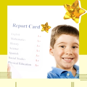 Smiling boy holding report card with shiny gold holographic star reward stickers