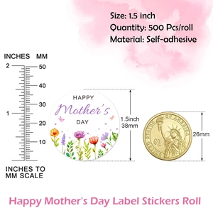 1.5 inch Happy Mother's Day floral roll stickers next to 1 dollar coin for size comparison
