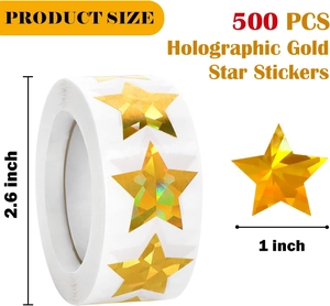 Detailed view of 1-inch holographic gold star stickers in a 500-count roll pack