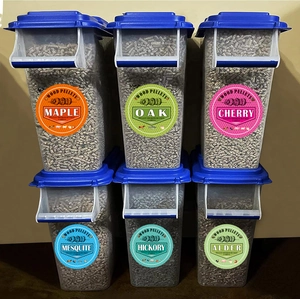 Zes magnetische labels voor houtpellet-emmers met esdoorn, eiken en hickory houtsoorten