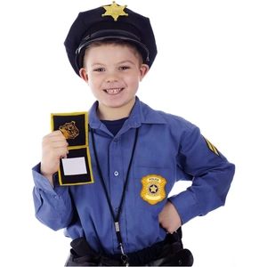 Kids police uniform costume set with blue shirt, hat, and special agent badge accessory