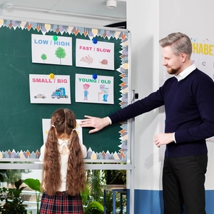 Lavagna educativa a tema foresta con carte dei contrari per decorazione classe