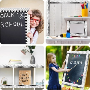 Black and white striped classroom border stickers shown in various home and school settings