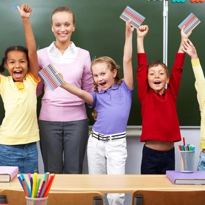 Students and teacher celebrating with colorful glitter star reward stickers in a classroom