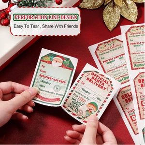 Christmas gift labels with Santa designs and perforation lines on a red background