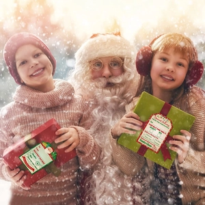 Festive Christmas gift labels featuring Santa Claus and North Pole delivery checklist stickers
