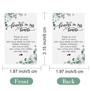 Minimalist funeral prayer cards with eucalyptus leaves design and forever in our hearts text