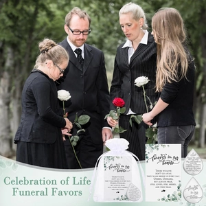 Funeral prayer cards set with eucalyptus bereavement tags and white organza favor bags