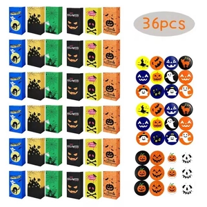 36-piece Halloween paper candy bags set with various festive patterns and stickers