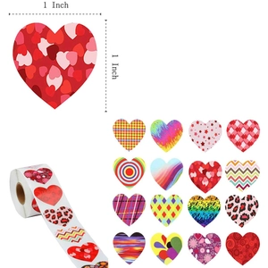 Detail of 1 inch heart-shaped Valentine stickers featuring 16 various decorative patterns