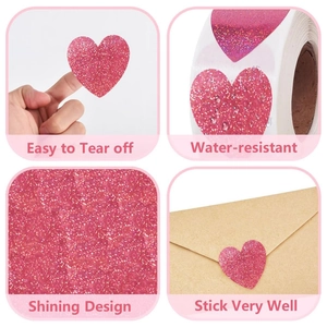 Detail of rose red glitter heart stickers showing waterproof texture and easy tear off use