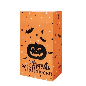 Orange Halloween candy bag with black pumpkin, bat, and cat patterns on white background
