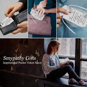 Detail of sympathy card and mesh bag shown in wallet, handbag, and pocket for portability