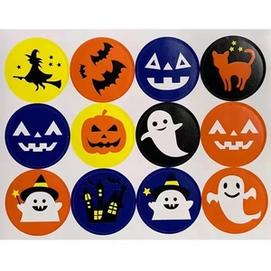 Set of 12 Halloween candy bag stickers featuring ghosts, pumpkins and bats on white background