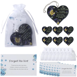 Funeral memorial set with 6 acrylic hearts, organza bags, and blue floral prayer cards