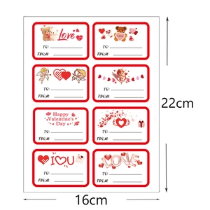 Acht Valentin-Geschenkaufkleber mit Bären- und Cupido-Motiven und Schreibfeldern