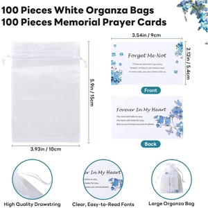 Infographic showing 100 sets of funeral prayer cards and white organza bags with dimensions