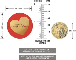 Detailed size comparison of red heart stickers with gold foil with love text