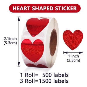 Detailed dimensions of 1 inch red heart glitter stickers on rolls for Valentine decor