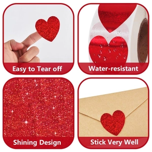 Detail showing red glitter heart stickers with waterproof and easy-peel features