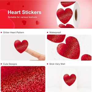 Autocollants cœur rouge pailleté en rouleau, étiquettes laser étanches de Valentin