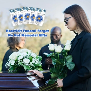 Solemn bereavement memorial cards with blue forget-me-not flowers and a heartfelt poem