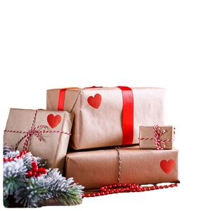 Autocollants cœur laser rouge sur boîtes cadeaux en kraft brun avec rubans pour Saint-Valentin