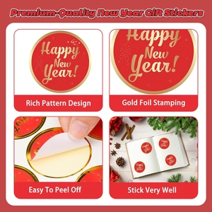 Gold foil Happy New Year stickers with red festive design for gift packaging and envelopes