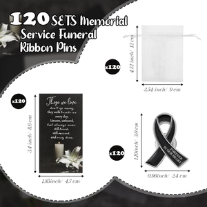 Detailed sizes of 120 sets funeral ribbon pins with memorial cards and organza bags