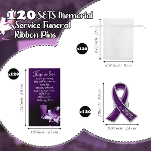Detailed view of bereavement ribbon pins and funeral prayer cards with dimensions